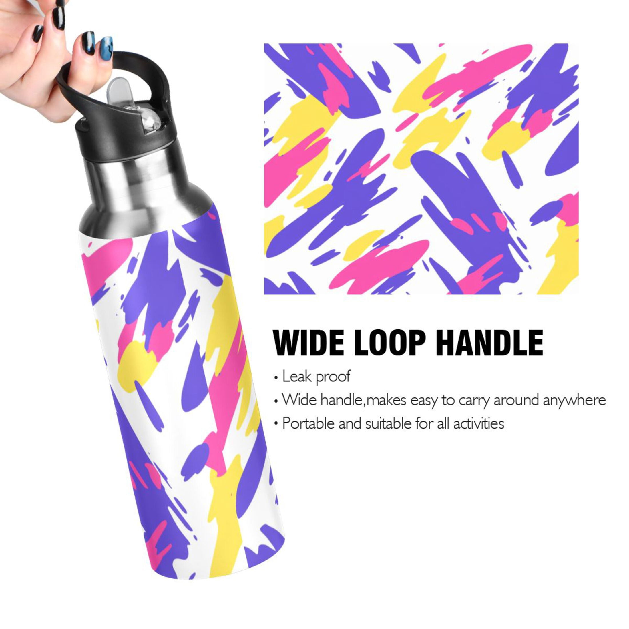 Colorful Abstract Brush Strokes 600ml Double Walled Stainless Steel LeakProof Sports Bottle Thermo 8h