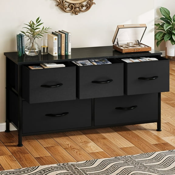 Uforic 5 Drawer Dresser for ,Fabric Wide Chest Of Drawers Nightstand Storage Tower Wooden Top, Black