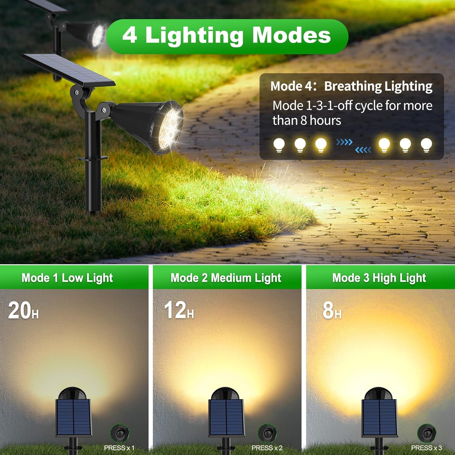 Solar Lights Outdoor Waterproof IP65 180° Adjustable Solar Powered Landscape Spot Lights for Yard 4 Lighting Modes Spotlights for Pathway Garden Outside Wall Pool Porch (8 Pack, Warm White)