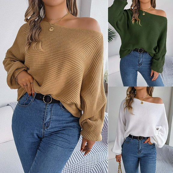 Lovskoo 2024 Sweaters for Women Long Sleeve Casual Solid Color Dolman Sleeve Loose Top Sweater Olive Green
