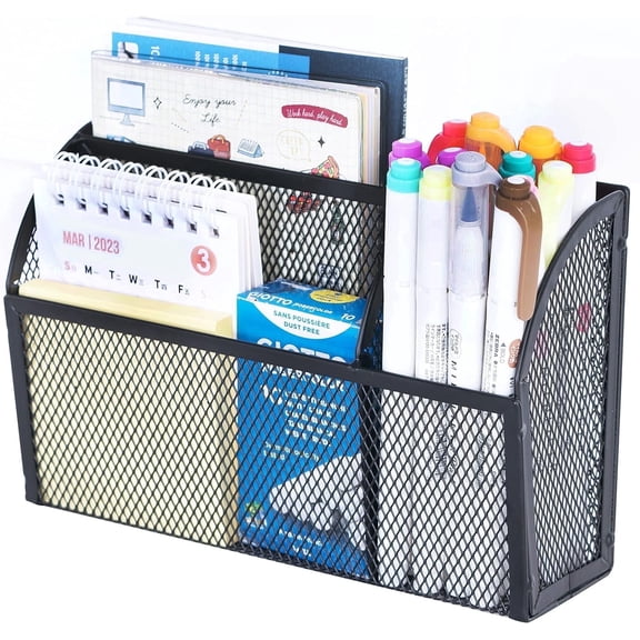 INTIGE 3-Grid Mesh Wall Mount Pencil Holder, Small Magnetic locker accessories, Black