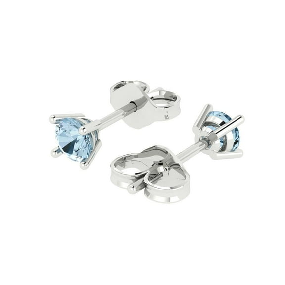 0.2 Ct Round Cut Studs Blue Crystal 14K White Solid Gold Everyday Dainty Earrings Push Back