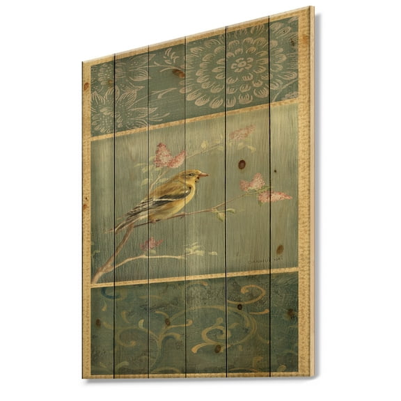 Designart 'Farmhouse Triptych of Blue Ornaments And Chickadee Goldfinch' Farmhouse Print on Natural Pine Wood