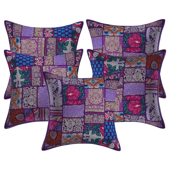 Stylo Culture Ethnic Cotton Living Room Throw Pillow Covers Purple 20 x 20 Bohemian Vintage Patchwork Ethnic Sofa Cushion Covers 50x50 cm Decorative Abstract Square Pillow Cases | Set Of 5