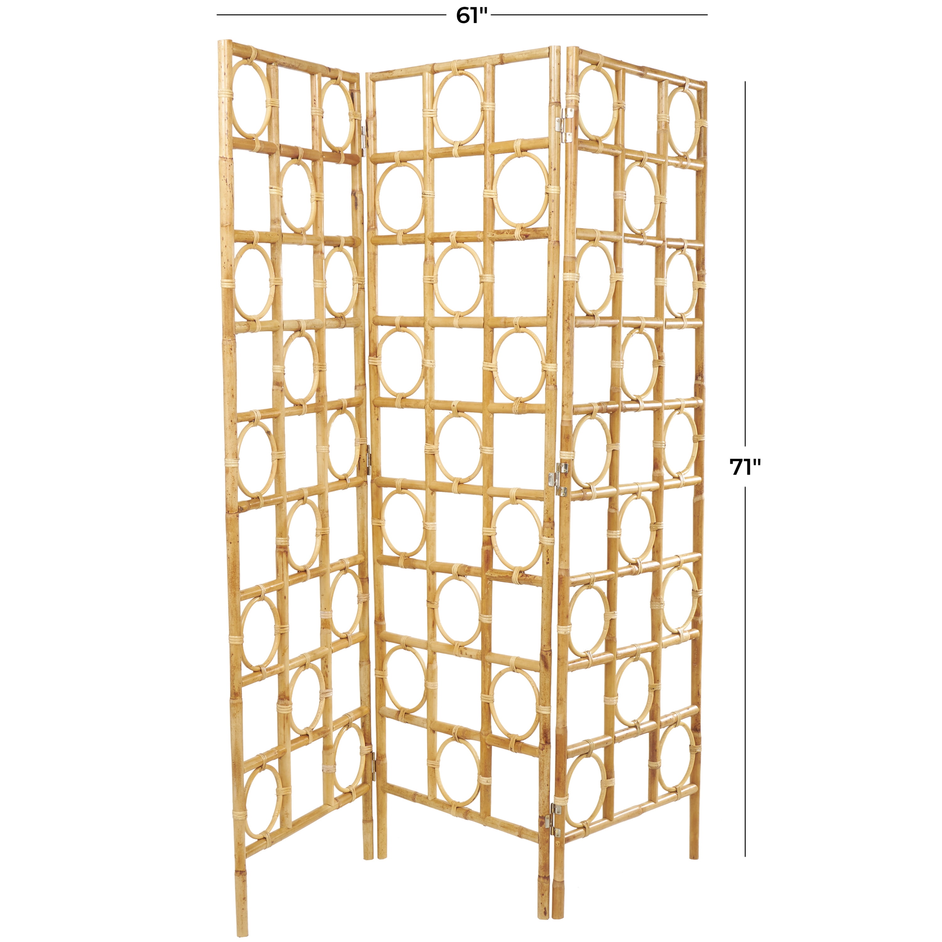 DecMode 61" x 71" Brown Rattan Geometric Handmade Woven Geometric 3 Panel Room Divider Screen with Open Frame Design, 1-Piece