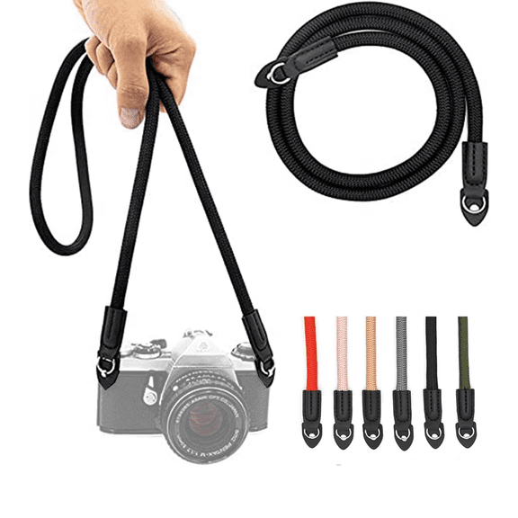 Black Braided Rope Camera Strap – Durable Woven Nylon Neck Strap with Leather Ends, Comfortable Lightweight Shoulder Strap for DSLR, Mirrorless & Film Cameras