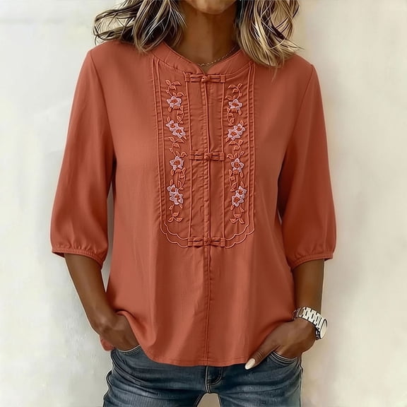 Craaazy Womens Crewneck 3/4 Sleeve Embroidery Blouse Loose Fit Solid Color with Frog Button Detail Casual Tops for Daily Wear