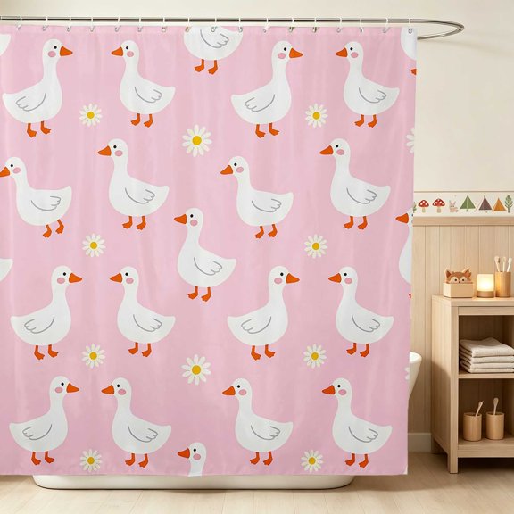 Erosebridal Goose Shower Curtain 72Wx72L for Girls, Pink Daisies Waterproof Bathroom Curtain