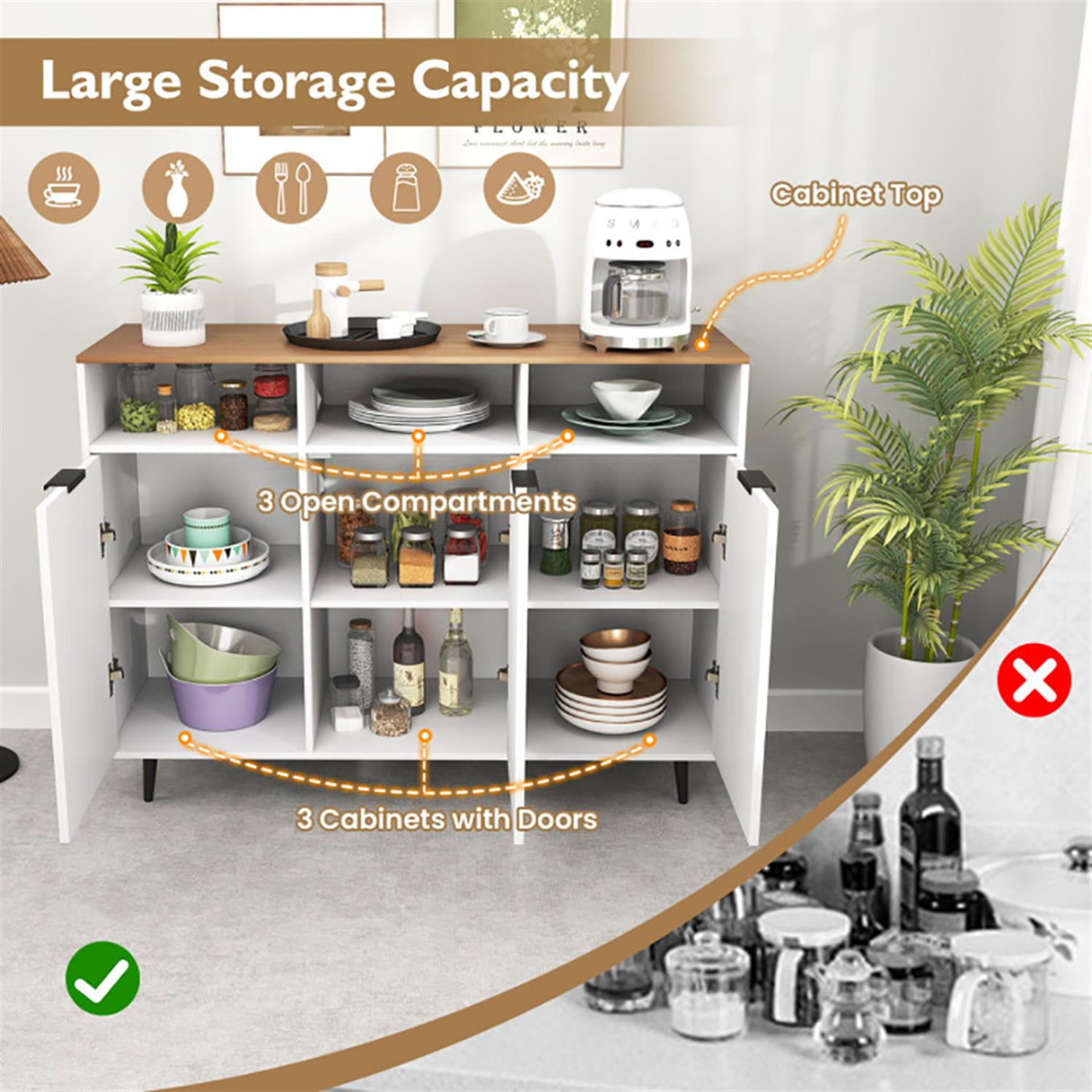 Demi Bonn 47" Sideboard Buffet Cabinet with 5-Position Adjustable Shelves, Kitchen Storage Cabinet, Wood Coffee Bar Buffet Table for Dining Room, White