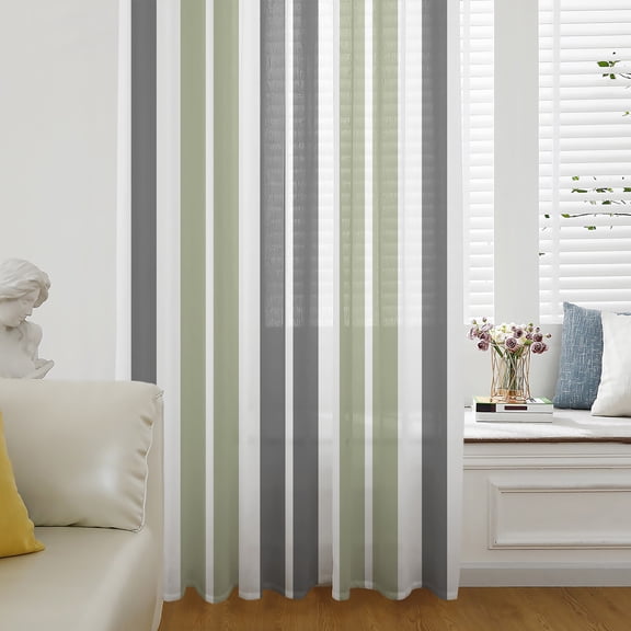 Sage Green Grey Striped Semi Sheer Curtains Drapes for Living Room, Bedroom, French Doors Window 84 Inches Long, Gray Modern Abstract Art Rod Pocket Chiffon Curtain Drapery Voile Draperies Panel