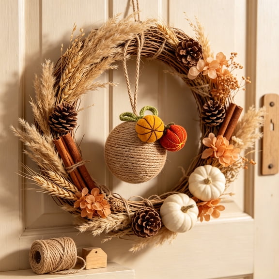 Handmade Jute Woven Pumpkin Hanging Ornament, Autumn Harvest Felt Pumpkin Pendant, Fall Thanksgiving Wreath & Home Wall Decor