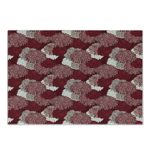 Floral Cutting Board, Flourishing Chrysanthemums Chinese Pattern Inspired by the Beauty of Nature, Decorative Tempered Glass Cutting and Serving Board, Small Size, Maroon White, by Ambesonne