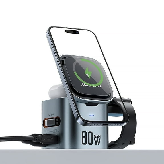 ACEFAST GaN 80W Fast Charging Station for Multiple Devices, 6-in-1 Cube Magnetic Wireless Charger with Retractable 65cm Cable for Smartphones, Laptops, iWatch and Air pods