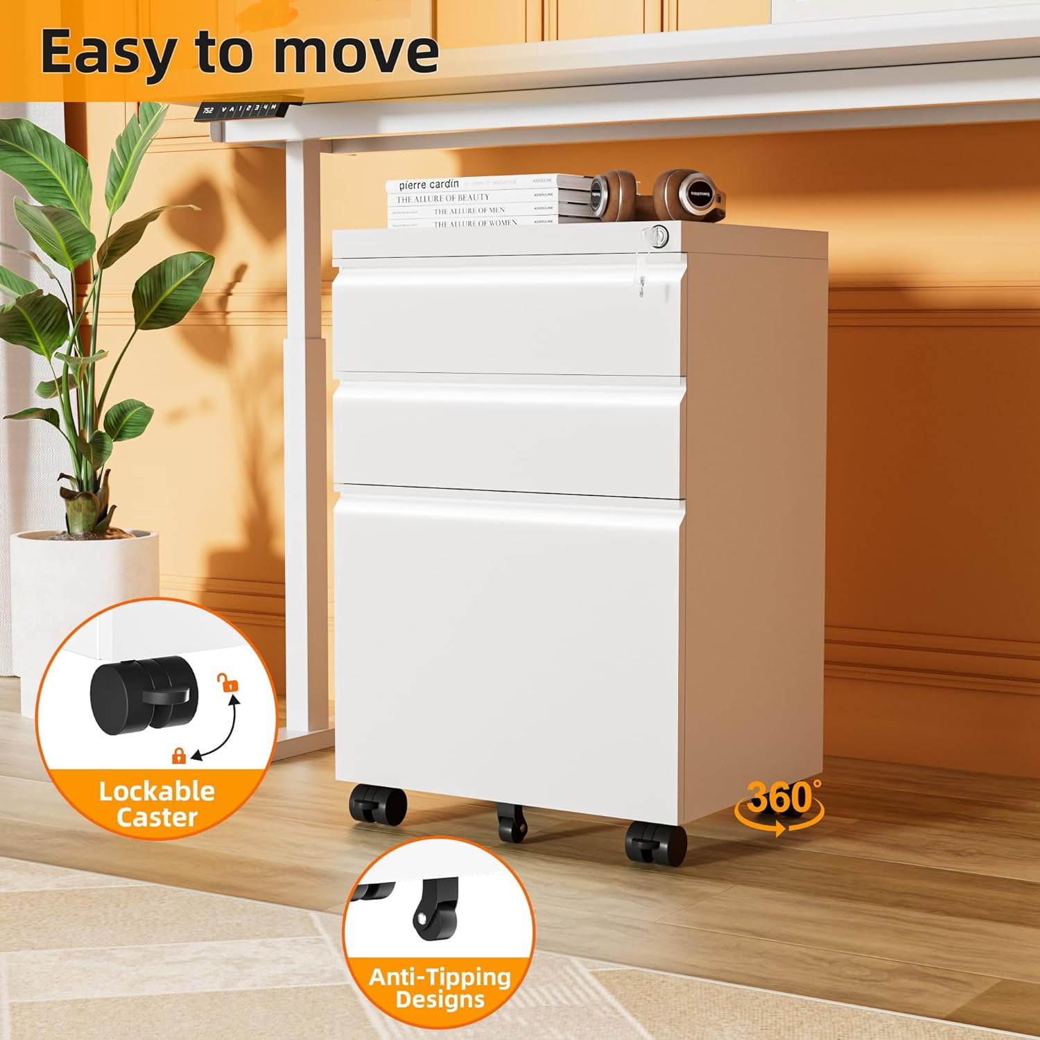 SOLAURA 3 Drawer Mobile File Cabinet with Lock & Wheels, Fully Assembled Rolling Filing Cabinet Except Casters, Under Desk Metal Storage for Office, Fits Legal/Letter/A4 Size(Assembled, White)
