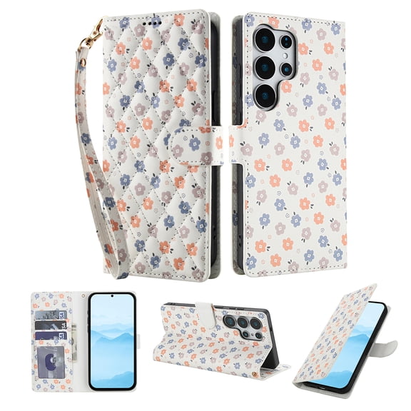 for Samsung Galaxy S25 Ultra Wallet Case with Wrist Strap, Women Girls Flower Pattern PU Leather Shockproof Protective Folio Cover with Card Holder Kickstand for Samsung Galaxy S25 Ultra, Pattern-B