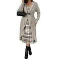 thumbnail image 2 of Women's Dress 2 Piece Outfits Ribbed Knitted Long Sleeve Long Cardigan Plaid Sleeveless Midi Dress Fall Sets Khaki XXXL, 2 of 8