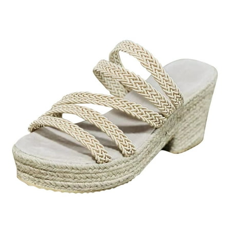 OJSFQUFP Sandals Womens Ladies Shoes Platform Block Heel Sandals Comfort Fashion Linen Platform Fashion Sandals WomenS Slippers Khaki 42