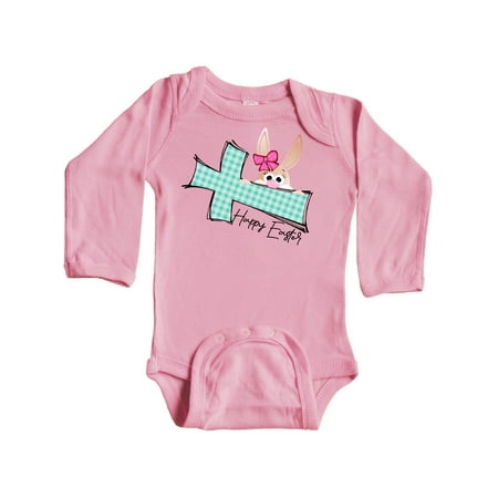 

Inktastic Happy Easter Cute Peeking Bunny and Plaid Cross Gift Baby Boy or Baby Girl Long Sleeve Bodysuit