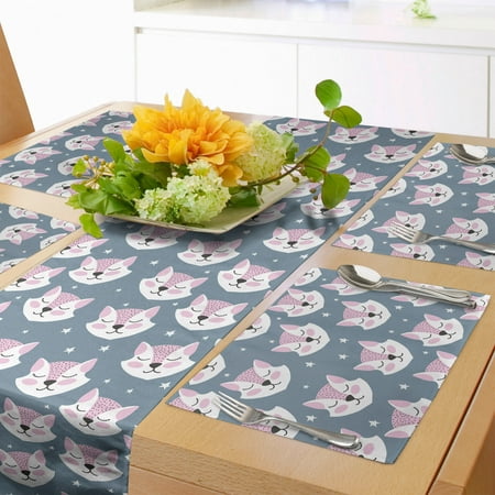 

Fox Table Runner & Placemats Sleeping Fox Faces with Sky Stars Scandinavian Style Cartoon Set for Dining Table Decor Placemat 4 pcs + Runner 14 x72 Slate Blue Pale Pink by Ambesonne