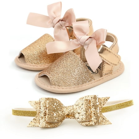 Esho Newborn Baby Girl Open Toes Sequins Sandals Infant Casual Bowknot Shoes First Walkers With Headband 0-18M