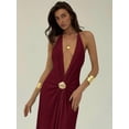 thumbnail image 3 of Burgundy Deep V Halter Maxi Dress With Gold-Tone Shell Medallion Detail For Summer Beach Vacation, 3 of 8