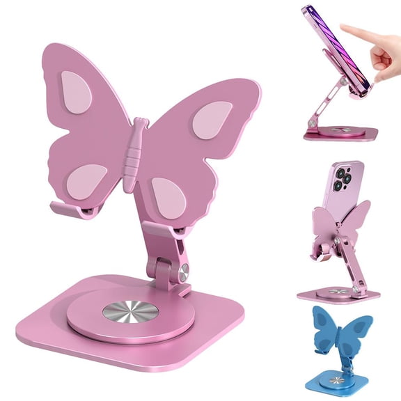 Mobile Phone Holder Stand, Butterfly Design Aluminum Alloy 360 Rotating Desktop Stand,Multi-Angle Adjustable Foldable Dock, Universal Anti-Slip for Home Office Travel