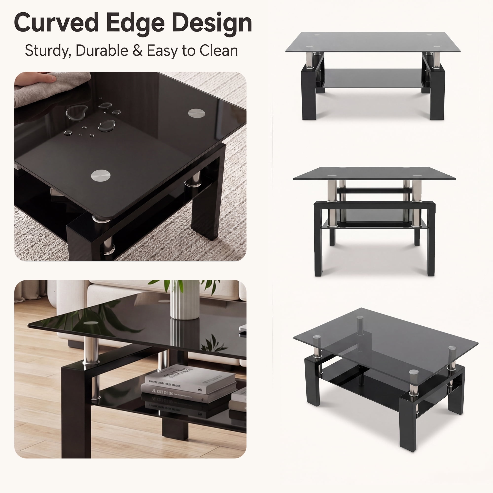 Glass Coffee Table with Lower Shelf, Holaki Modern Rectangular Tempered Glass Center Table with Metal Legs for Living Room, Black