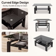 Glass Coffee Table with Lower Shelf, Holaki Modern Rectangular Tempered Glass Center Table with Metal Legs for Living Room, Black