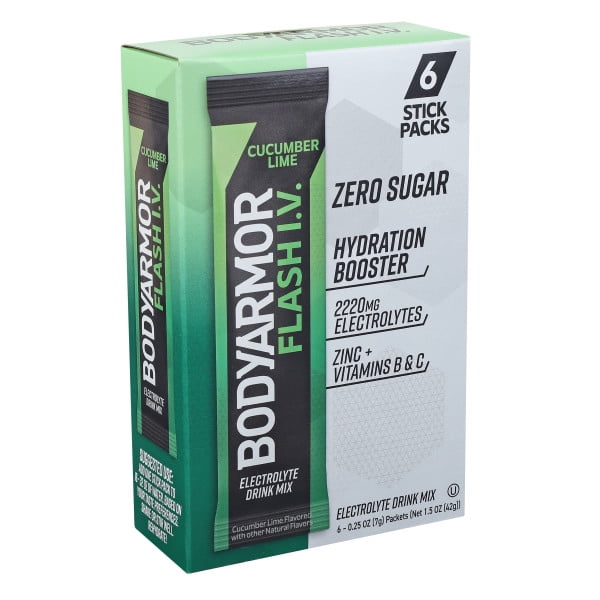 BODYARMOR Flash IV Electrolyte Packets, Cucumber Lime - Zero Sugar Drink Mix, Single Serve Packs, Coconut Water Powder, Hydration (6 Count)