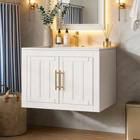 Vabches 24" Floating Bathroom Vanity Set, Wall Mounted Bathroom Cabinet with Ceramic Sink and Metal Handles, Modern Wooden Cabinet for Small Space, White(Not Faucet)