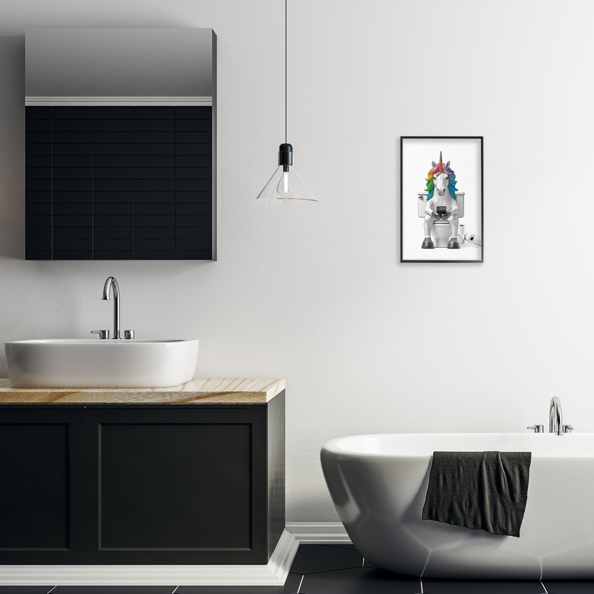 Stupell Industries Unicorn Texting on Toilet Typography Painting Black Framed Art Print Wall Art, 12 x 18