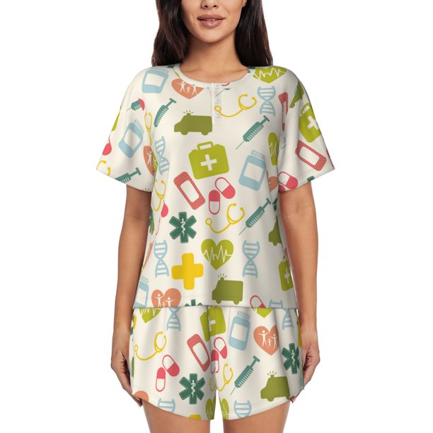 Fotbe Medical Icons Conjunto de Pijama Estampado para Mujer, 2 Piezas, Ropa de Dormir con Camiseta de Manga Corta y Shorts Suaves-X-Large
