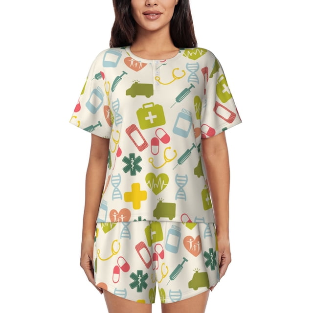 Fotbe Medical Icons Conjunto de Pijama Estampado para Mujer, 2 Piezas, Ropa de Dormir con Camiseta de Manga Corta y Shorts Suaves-Medium