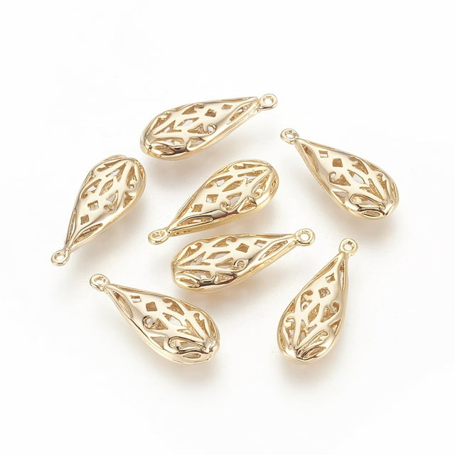 Hollow Brass Pendants Nickel Free Real 18K Gold Plated Teardrop 19.5x8x3.5mm Hole: 1.5mm