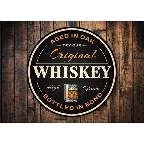 Original Whiskey Bar Novelty Sign, Metal Wall Decor - 12" Round