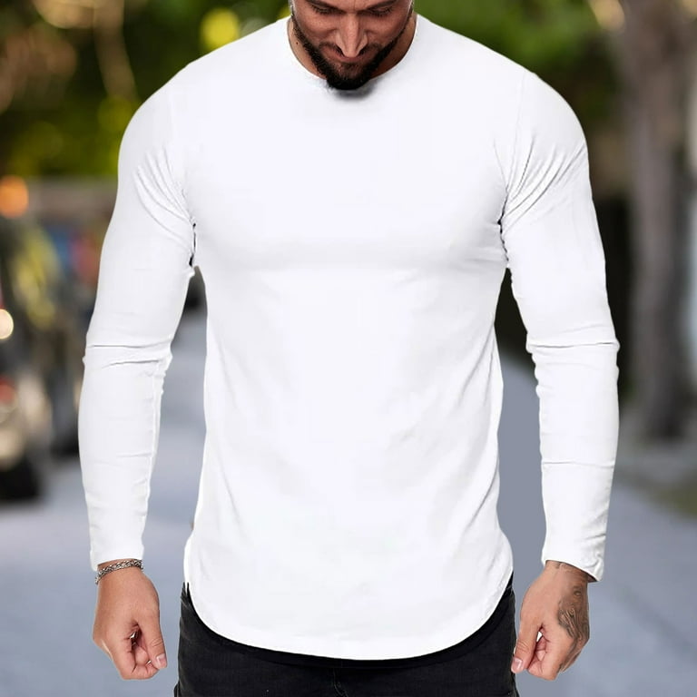 white mens shirts mens fashion casual sports fitness outdoor curved hem  solid color round neck t shirt long sleeve top 