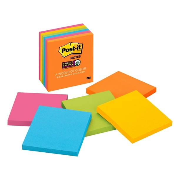 Postit Super Sticky Notes 3” x 3”, Bright Colors, 6 Pads