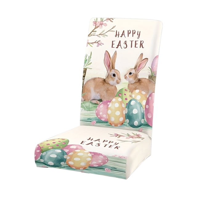 Easter Chair Covers Set of 2, Stretchable Dining Chair Slipcovers with Bunny and Egg Patterns, Washable Polyester Decorative Covers for Holiday Party Home Decor, Standard