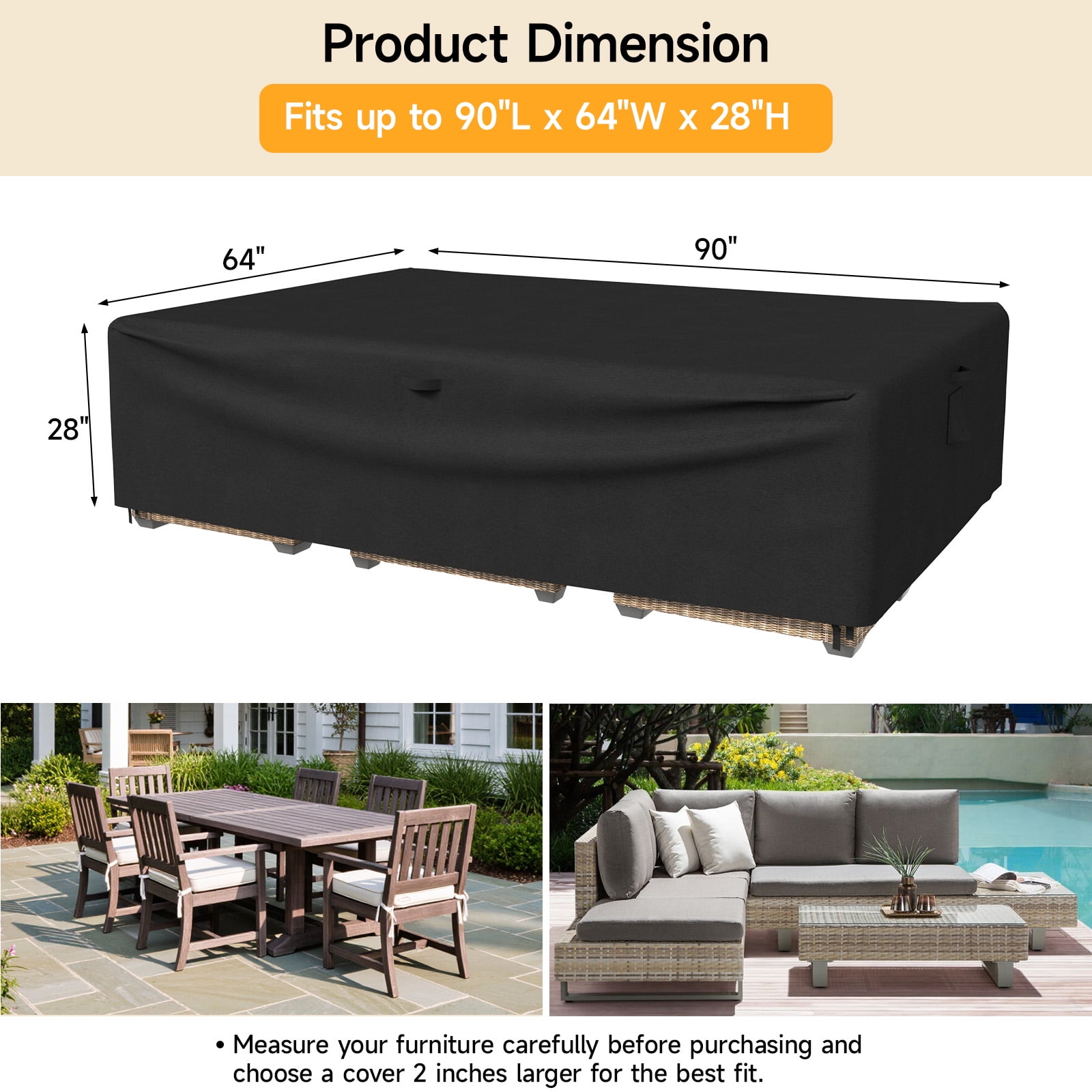 Dovov Patio Furniture Covers, Waterproof Rectangular Outdoor Furniture Covers Heavy Duty Outdoor Couch Sectional Sofa Set Cover Patio Table Covers with 4 Windproof Buckles, 90"x64"x28"