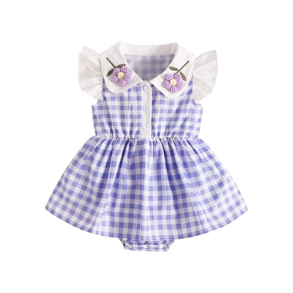 Coerni Toddler Baby Girls Fly Sleeveless Plaid Lapel Collar Romper Skirt with Headband Flower Print Bodysuit 2pc Outfit