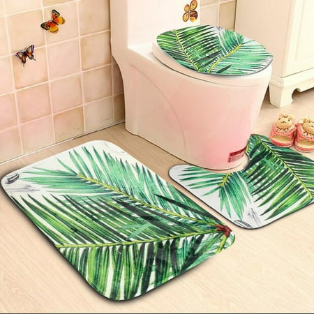 Non Slip Pad Cover 3Pcs Plant Toilet Lid Cover + Floor Pedestal Rug + Non-slip Pad Mat Carpet Bathroom Set Home Decor Gift ()