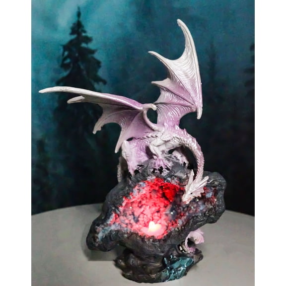 Pink Dragon Guarding Colorful LED Quartz Faux Geode Rock Crystal Cove Figurine