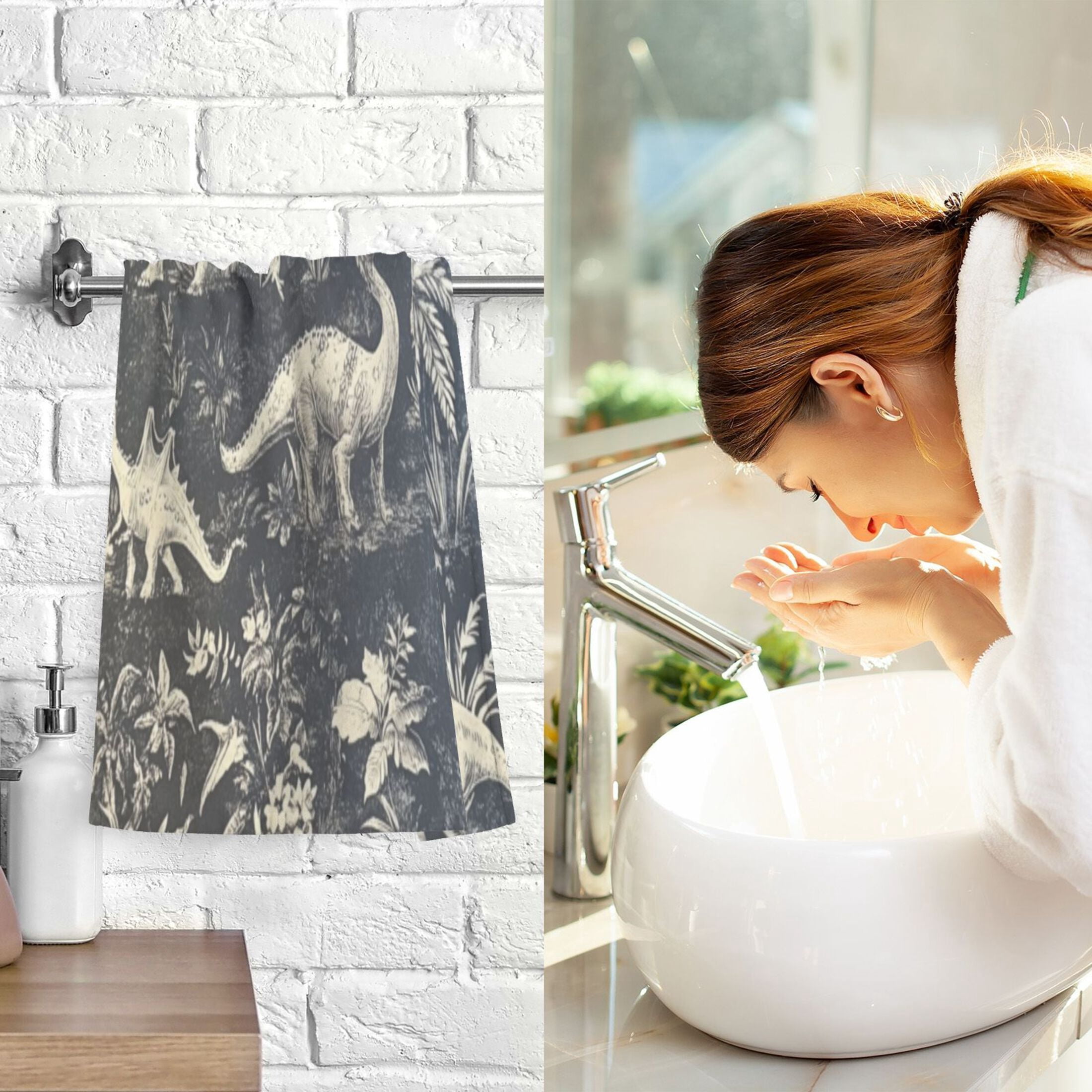 Cotton Towel Two-Piece 16x28 Inch One Sizex2 Face Towel Set Towel Set Cotton Hand Bath Towel Bathroom Beach Black and White Dinosaur