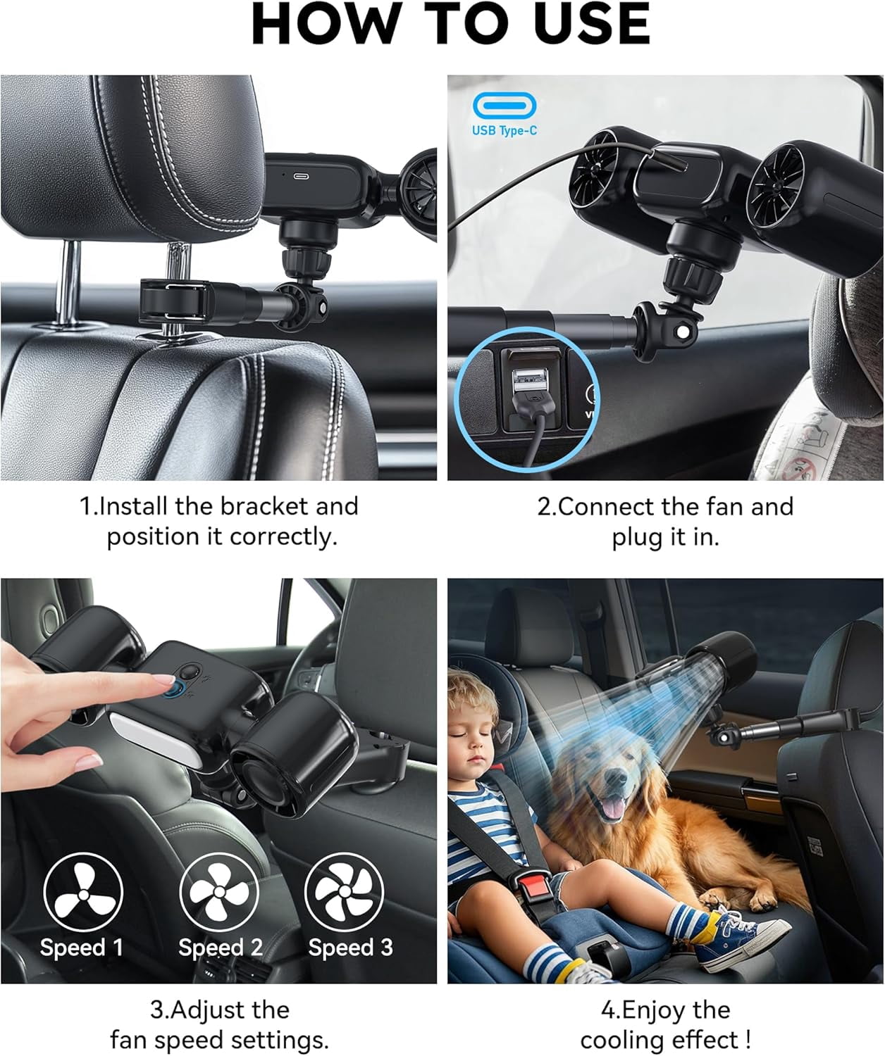 Wiher Car Fans, Seat Cooling Fan 3 Wind Speeds with Night Light 360° Dual Head USB Car Fan Portable Fans for Car Backseat for Kids (Black)
