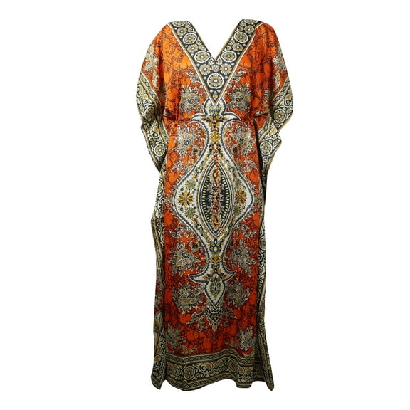 Mogul Women Orange Traditional Caftan Floral Print Boho Dress Vintage Cover Up Maxi Kaftan Dress