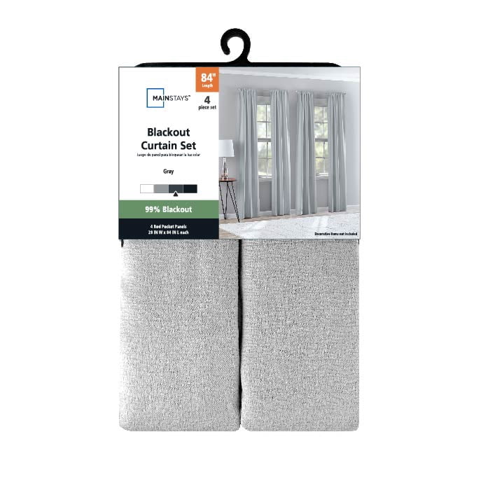 Mainstays 4 of a Kind Blackout Curtain Panel Set, Set of 4, Gray, 28 in W x 84 in L