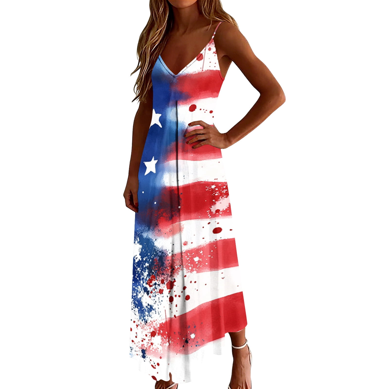 Plus Size Women 4th of July Sleeveless Dress Patriotic V Neck Maxi Dresses Spaghetti Strap Beach Long Dresses