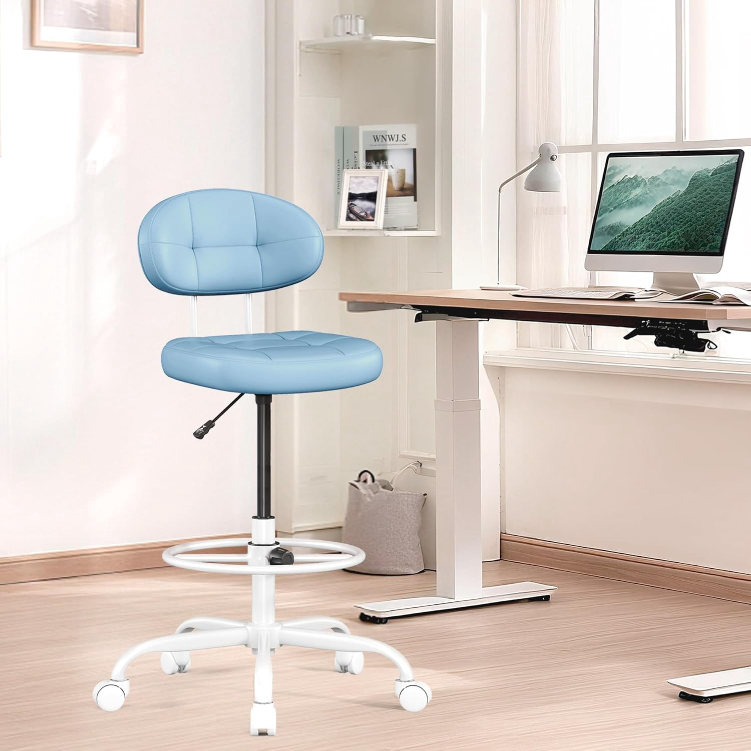 Drafting Chair, Armless Tall Office Chair with Footrest Ring for Standing Desk, Small Faux Leather Executive Computer Chair with Adjustable Height for Bar Lab Counter Height Desk, Blue
