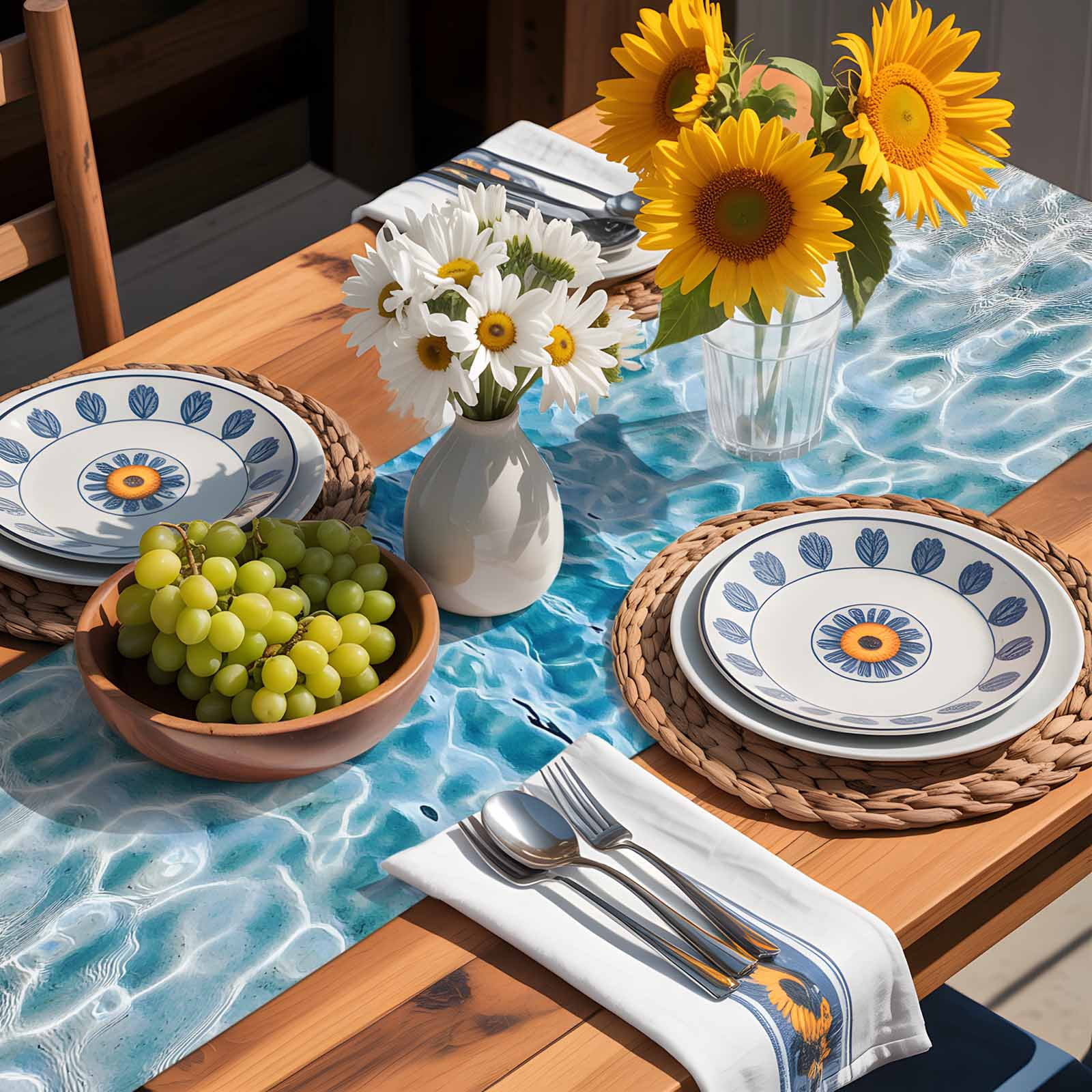 Blue Sea Water Ripple Table Runner 90 Inches Long, Ocean Seabed Table Runners Tabletop Scarf Kitchen Dining Tables Decoration for Home Party Indoor Outdoor