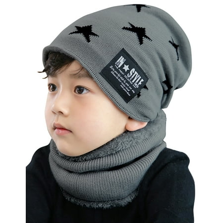 MAYLISACC Kids Winter Knitted Hat and Fleece Neck Warmer Scarf Set for Boys Girls Age 5-10